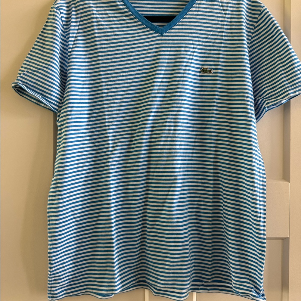 Lacoste Men’s Light Blue & White Striped V-Neck Tee